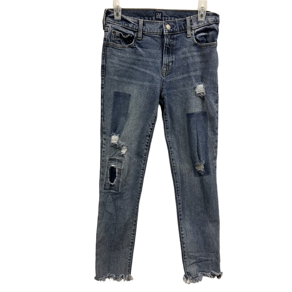 Gap Patchwork Destroyed Patchwork Denim Raw Hem Crop Straight Blue Jeans 27